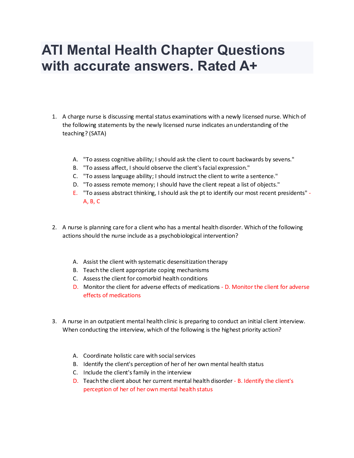 Preview image for ATI Mental Health Chapter Questions with accurate answers. Rated A+